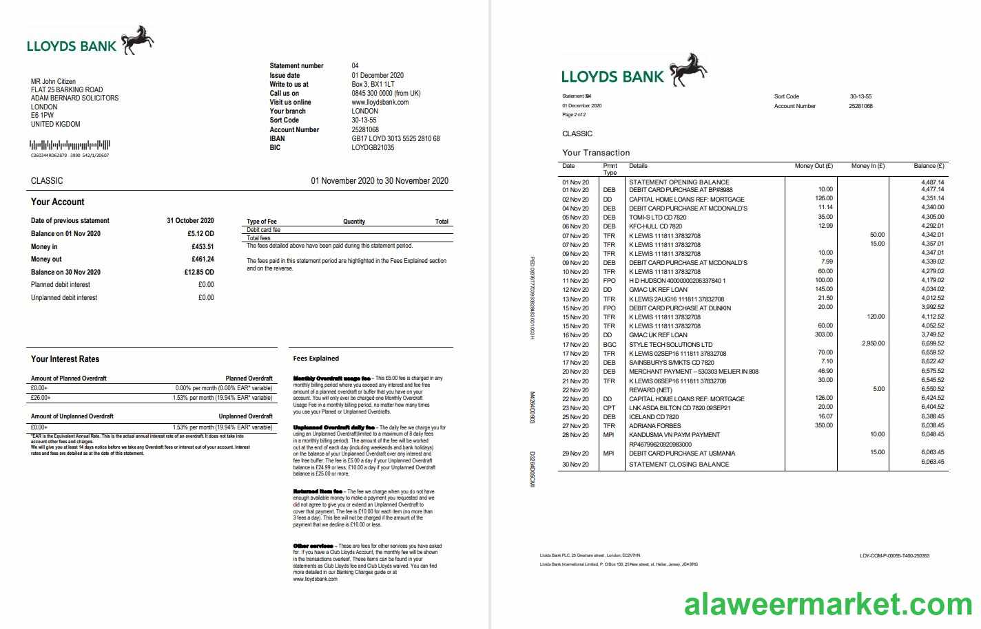 United Kingdom Lloyds bank statement template in Word and PDF format, good for address prove (2 pages)
